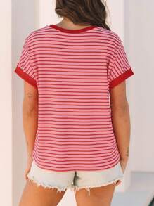 CILKOO Batwing Sleeve Striped Knitted Round Neck T-Shirt For Summer