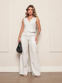 Women's Set Vest With Tailored Trousers Chic Formal - White/Black - View 1