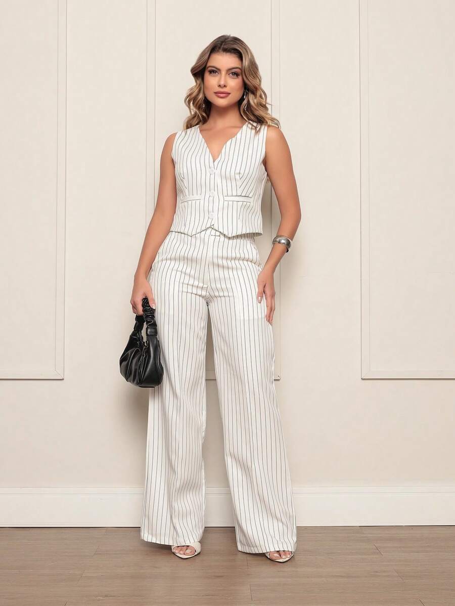 Women's Set Vest With Tailored Trousers Chic Formal - White/Black - View 1
