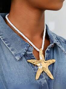 1pc Stylish Exaggerated Beach Resort Starfish Detail Necklace, Color Rope Pendant Necklace, Fashion Accessory For Women, Suitable For Beach, Party, And Daily Wear
