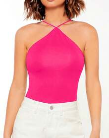 Solid Fitted Cami Top, Going Out Top, Strappy A-Line Blouse, Fashion Blogger - Pink - View 1