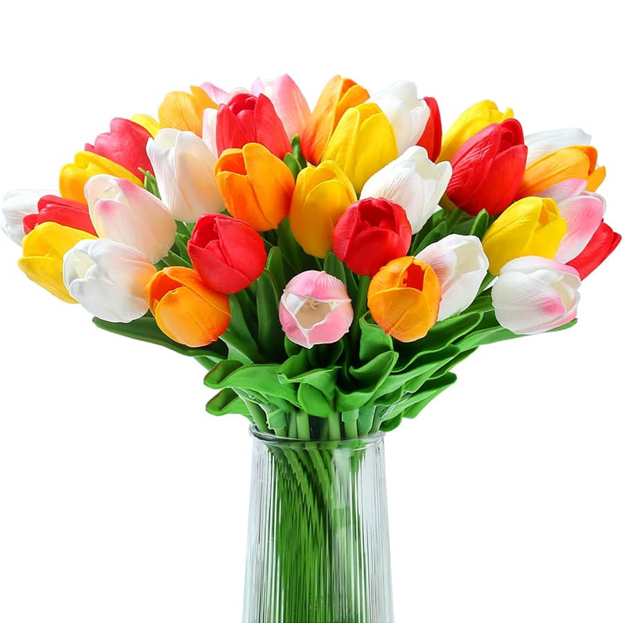 12 piezas de tulipanes falsos, flores artificiales de tacto real de PU, tallos de tulipanes falsos para ramos de boda, arreglos florales, fiestas, decoración del hogar y de la oficina para el Día de la Madre (Multicolor) Pascua