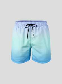 Men's Simple Gradient Beach Shorts With Pockets, Holiday Beach Swimming Trunks - Blue - View 3