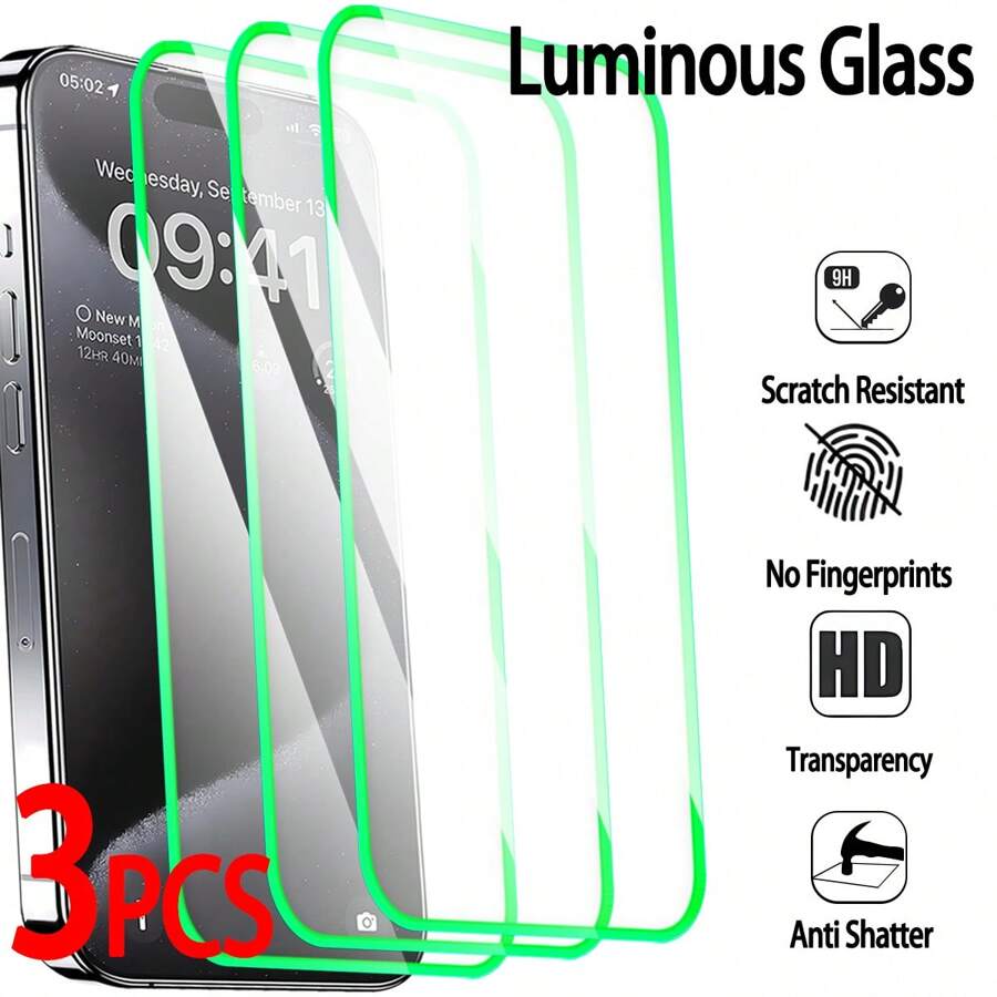 3 件钢化玻璃夜光绿色屏幕保护膜，夜光，兼容 16 Pro Max/16 Pro/16 Plus/16/15 Pro Max/14 Pro Max/13/12/11/系列，气泡，气囊防摔保护，夜灯，时尚玻璃