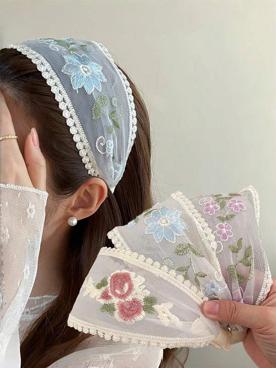 3pcs Women Elegant Floral Embroidered Mesh, White Lace Trim, Wide Headband, Bang Decoration Hair Accessory, Suitable For Everyday, Party, Vacation, Boho Style - Multicolor - View 1