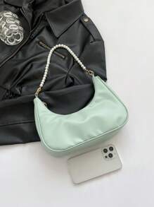 New Fashionable Solid Orange Handheld Bag With Faux Pearl Chain, Casual Crescent PU Underarm Shoulder Elegant Lady Bag, Spring/Summer