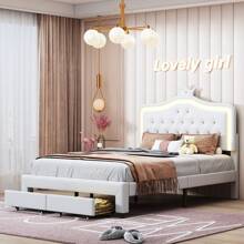 Creahappy Lit rembourré - double - avec éclairage LED - 2 tiroirs et tête de lit réglable - Cadre de lit avec lattes en bois - Convient aux lits adultes et adolescents - Blanc - 140x200 cm