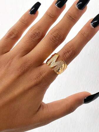 1pc Luxury Zirconia Initial Letter Rings For Women Stainless Steel Chunky Wide Open Finger Ring Hip Hop Fashion Jewelry Gifts