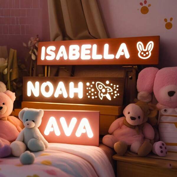 1pc Customized Wooden LED Night Light, Cute Small Pattern, Personalized Carved Name, Customized Name, The Best Gift For Children And Friends, Bedroom, Wedding, Birthday, Back To School Season, Christmas, Halloween Atmosphere Decoration Home Decor Room Decor School Supplies
