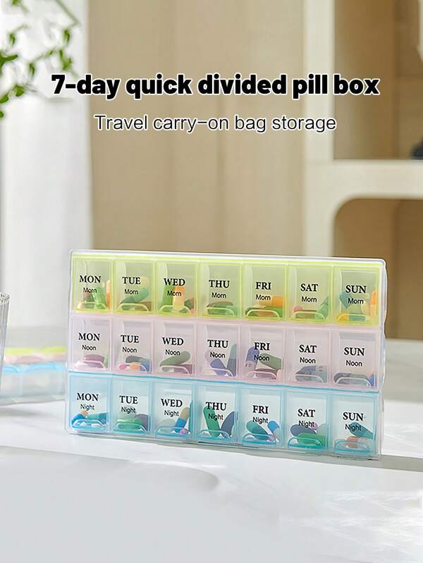 1pc Portable 21 Compartment Pill Box, 3 Colors (Blue, Yellow, Pink), Large Capacity Medicine Storage Container, Dust-Proof Clean Hygienic Travel Case, Divided For Morning, Noon And Night, 7-Day Weekly Pill Organizer With Flip-Top Lid