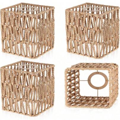 E27 Socket Nordic Style Handmade Woven Paper Rope Lamp Shade, Square And Round Shape, Suitable For Hotel, Homestay And Shop Decoration Lighting