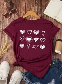Camiseta de manga corta con cuello redondo y estampado gráfico Twelve Loving Hearts para mujer - Burdeos - Ver 1