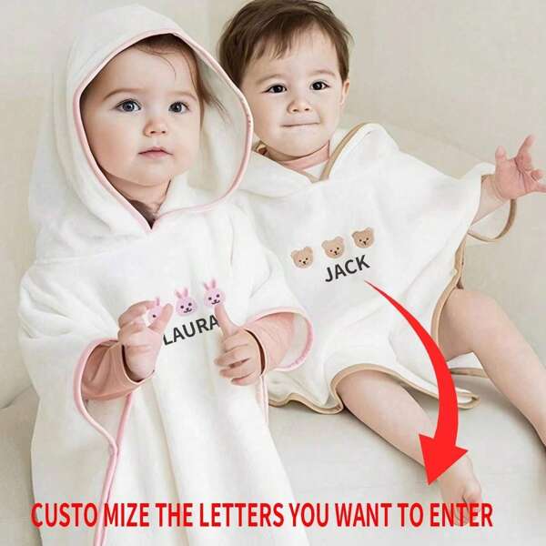 60cm*120cm Customizable Kid's Name Embroidered Hooded Bathrobe, Baby Bath Towel Cloak, Personalized Absorbent Bath Towels, Gifts For Children's Day, Birthday, Baby, Beach Towel, Spa Robe, Vacation Hooded Warm Towel, Cute Embroidered Animal Bathrobe,Multi-Functional,Ornamental,Letter,Stylish,Modern,Colorful,Cute,Adorable,Casual,Custom,Personalised,Unique,Customized,Ideal Gifts For Him,Ideal Gifts For Her