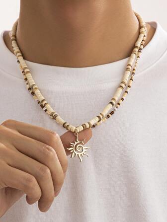 2 件时尚休闲简约几何螺旋太阳椰壳串珠项链套装，适合男士日常佩戴和派对