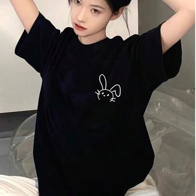 여성 캐주얼 라운드 넥 루즈핏 토끼 프린트 반팔 티셔츠, 가을용 다용도 레이어링 또는 겉옷
