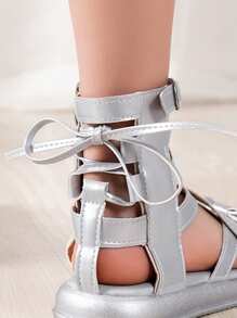 女孩百搭罗马风格公主凉鞋，时尚银色纯色公主鞋，韩版风格，2025 年夏季 - 銀色 - 查看 7