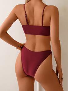 2pcs/Set Solid Color Shiny Fabric Double Loop Decor Sexy, Stretchy Swimwear For Women, Beachwear