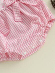 Baby Girls Plaid Bow Embroidery Romper - Ruffled Sleeveless Jumpsuit For Infants - Pink - View 9