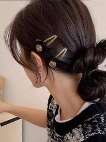1 Pair Black Velvet Bowknot Simulated Copper Vintage Camellia Hair Clips