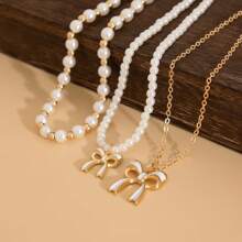 3pcs French Elegant Faux Pearl Beaded Layered Pendant Necklace With Bowknot Design, Fashionable & Versatile - Multicolor - View 4