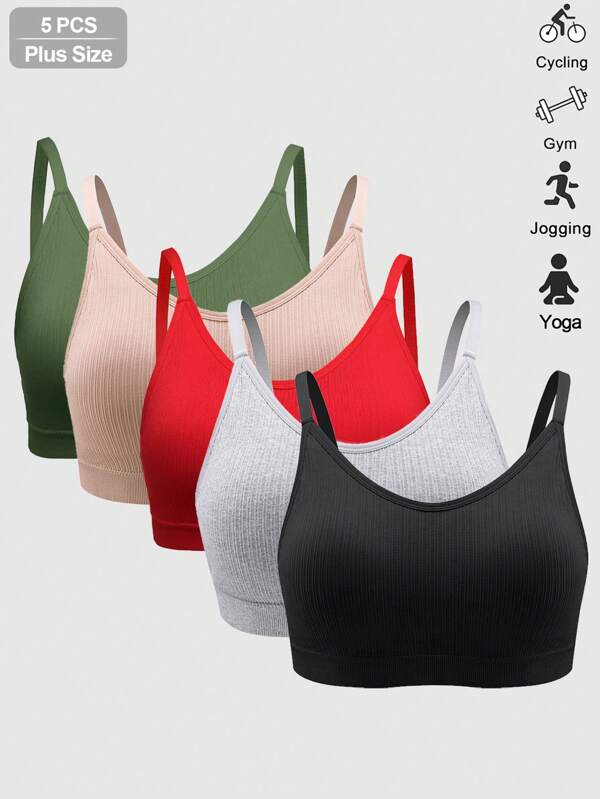 5 PEÇAS/PACOTE Sutiã de ioga feminino plus size superconfortável, cor sólida, lingerie canelada, conforto máximo, almofadas removíveis, camisola, roupa íntima, básica, sem costura, plus size, sutiã esportivo