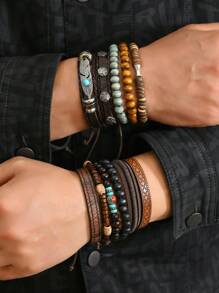 11 pièces Bracelet vintage en turquoise, en PU perles en bois, métal fait main tressé, parure de bijoux de décoration empilable unisexe, sans boîte