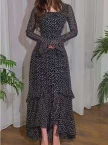 Vestido irregular con parches de manga de volantes de gasa con lunares para mujer - Negro - Ver 3
