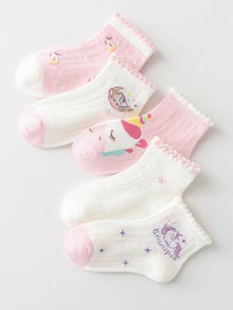 5 par flickor Unicorn Mesh ankelstrumpor, vår/sommar