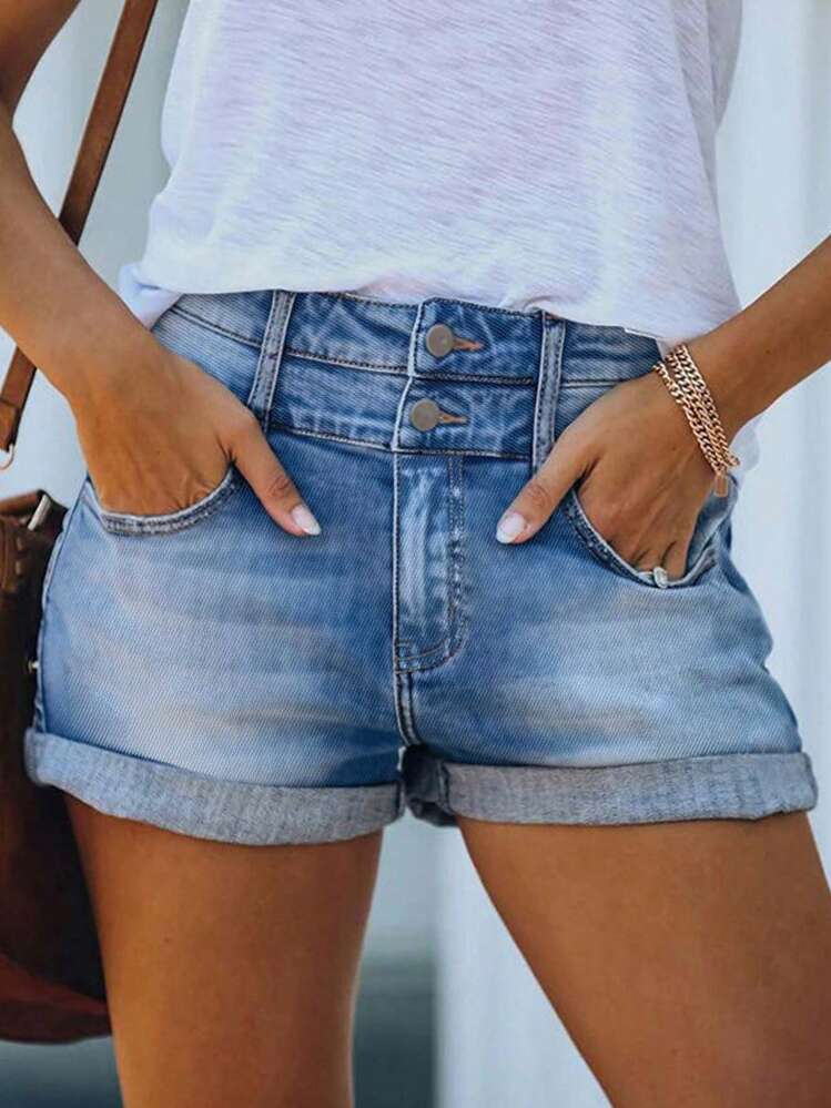 American Style Skinny Commuter Frayed Hem Stretchy Mid-Waist Women's Denim Shorts Women's Casual Hotpants - Medium Wash - View 5