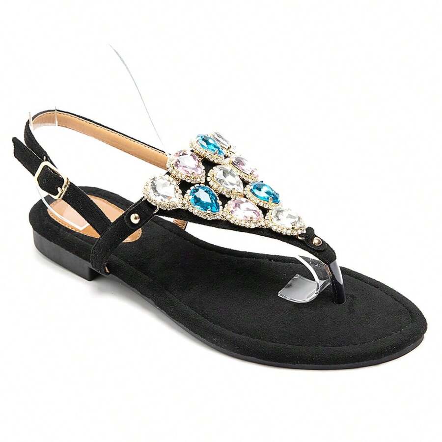 Summer Fashion Rhinestone Decor Flat Thong Sandals - Black - View 1