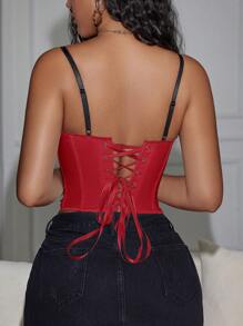 Áo corset Yuwenier Y2K cổ chữ V phối màu với nhẫn kim loại, chất liệu satin, có nơ phía trước, ôm sát ngực, thích hợp cho các lễ hội âm nhạc và đám cưới. - Đỏ - Xem 2