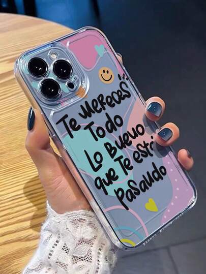Funda de teléfono transparente, delgada y a prueba de golpes con estampado artístico de rostro sonriente y patrón de letras, compatible con modelos de 16/16 Pro Max/XR/7/8, 15 Pro Max/12 Pro Max/13 Pro Max/14 Pro Max, 13/14/11/12 y modelos de teléfono Redmi, resistente al agua y a los arañazos