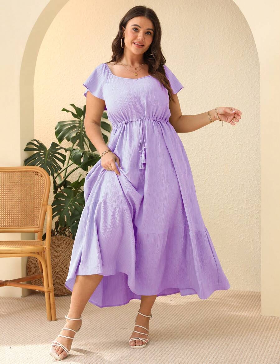 Yesfashion Plus Size Women Boho Maxi Dress Short Sleeves High Waist Ruffle Design Casual Summer Dress With Pockets - 紫色 - 查看 1