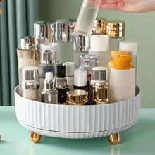 1 pièce Élégante boîte de rangement maquillage rotative à 360 degrés, plateau de vanité grande capacité, support circulaire en plastique multifonction pour parfum, étagère de rangement pour bureau