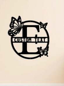 一片式可定制蝴蝶图案26个字母金属铁艺装饰个性家族名字铁艺标志时尚字母家居墙饰适用于客厅门口室内花园金属装饰 - 黑色 - 查看 8