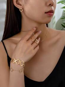 1 套女士几何魅力幸运四叶草项链、手链、戒指、耳环、手镯首饰套装情人节