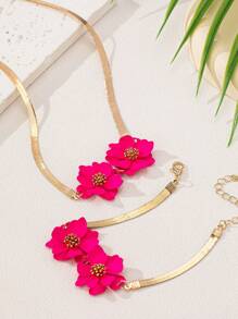 2pcs/Set Magenta Flower Bracelet & Necklace Jewelry Set, Elegant Style For Office & Daily, Versatile - Hot Pink - View 2