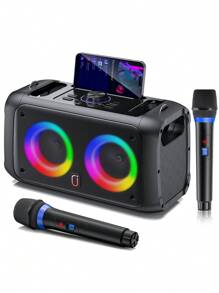 Máquina de karaoke JYX con 2 micrófonos inalámbricos, altavoz Bluetooth portátil para adultos y niños, sistema de PA de karaoke compatible con tarjeta TF/USB, entrada auxiliar, estéreo inalámbrico real para fiestas