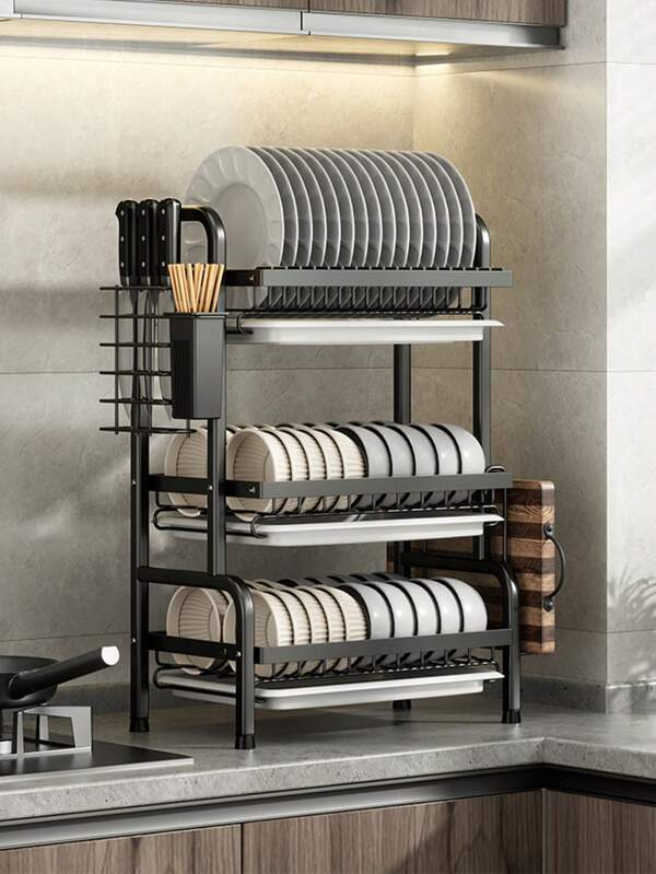 Abtropfgestell - Platzsparendes Abtropfgestell, Abtropfgestell für die Küchenarbeitsplatte, Abtropfgestell für die Küche aus Edelstahl mit Besteckhalter, Schwarz