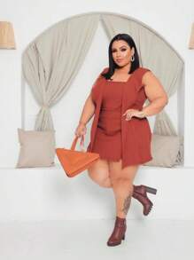 Conjunto feminino 3 peças Anarruga Cropped com Saia e Max colete empresária elegante Plus Size moderno quentinhomodinha 2025 fashion promoção