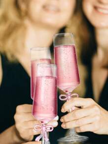 8oz Champagne Glasses Set Of 2, Hand Blown Crystal Flutes With Reinforced Stems And Romantic Pink Bow For Weddings, Anniversaries, Special Days - 粉色 - 查看 2