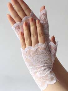 1 Pair Lace Gloves, Summer Casual Women Driving Sunscreen Half Finger Scar Cover Short Sailor Dance Performance Rose Elegant Polyester Embroidery Gloves, Suitable For Beach, Outing, Sports, Evening, Party, Wedding, Office, Holiday, Birthday, Family, Mature Stage Performance, Single Party, Social Events, Spring, Summer, Autumn, Winter - White - View 3