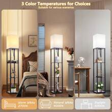 LISUNAR Floor Lamp With Shelves,3-Tier Modern Shelf Floor Lamp With Dimmable LED Bulb,White Fabric Shade,Wood Tall Corner Display Standing Lamp For Living Room Bedroom And Office Dr - Black