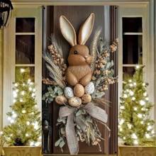 1pc 2D Easter Bunny & Egg Wreath Door Curtain - 35.4*70.9in Polyester, Rustic Country Design With Lifelike Rabbit & Decorative Eggs, Ideal For Home Entrance, Garden Patio & Event Party Decor - Multicolor - View 3