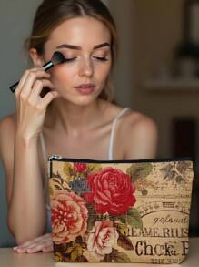 1 件复古花卉亚麻印花化妆包，可爱旅行化妆包和多功能零钱包，女性必备轻便礼物