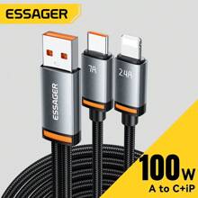 ESSAGER 二合一 USB 转 Type C 100W USB 转 Loss 快速充电数据线适用于手机数据传输线 1M 兼容 14 Pro Max、14 Pro、14 Plus、13 Pro Max、13 Pro、13、12 Pro、12、11、XS、XR、8 Plus、8、7、6、5、SE，兼容 iPad Lightning MFi 认证 - Usb To Ios + Type C - 查看 2