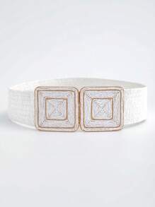 1pc Women's Square Shape Raffia Wrapped Metal Pin Buckle Waist Belt Summer, School Fall, Autumn, Halloween - White - View 17