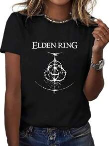Elden Ring Shirt Elden Ring ,Casual Print,Comfortable And Versatile,Letter Pattern Pure Cotton 220g Printed T-Shirt - Black - View 1