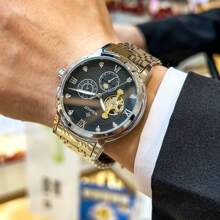 Classic High-End Stainless Steel Butterfly Buckle Men's Watch, Moon & Sun 24-Hour Subdial, Multifunction Hollow Automatic Mechanical Men's Watch, Fashion Rhinestone Luminous Roman Numeral Dial Men's Wristwatch