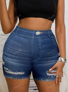 Plus Size Women Jegging Shorts, Denim Effect Print Ripped & Distressed Design, High Stretch, Fashion Casual Shorts